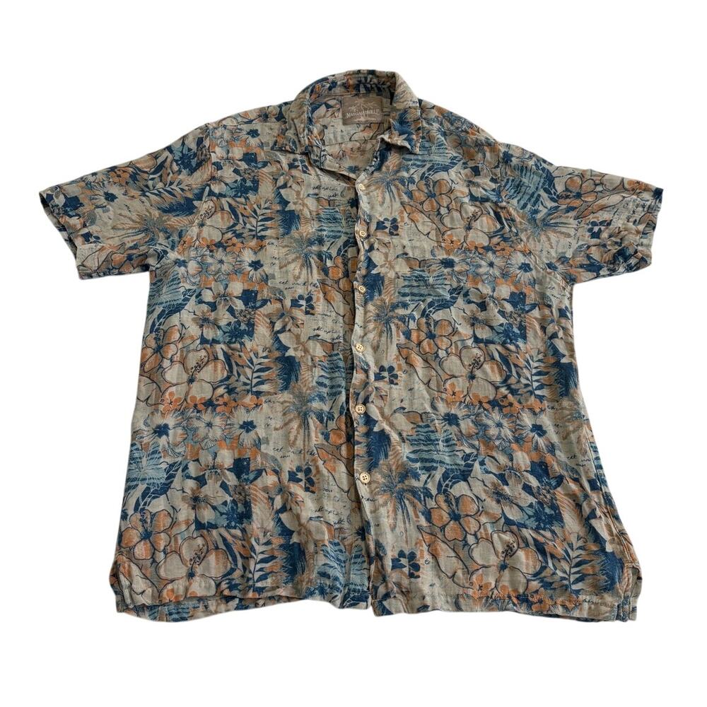 Margaritaville Hawaiian Shirt Silk Linen Blend Floral Mens Large Pink Blue Beach